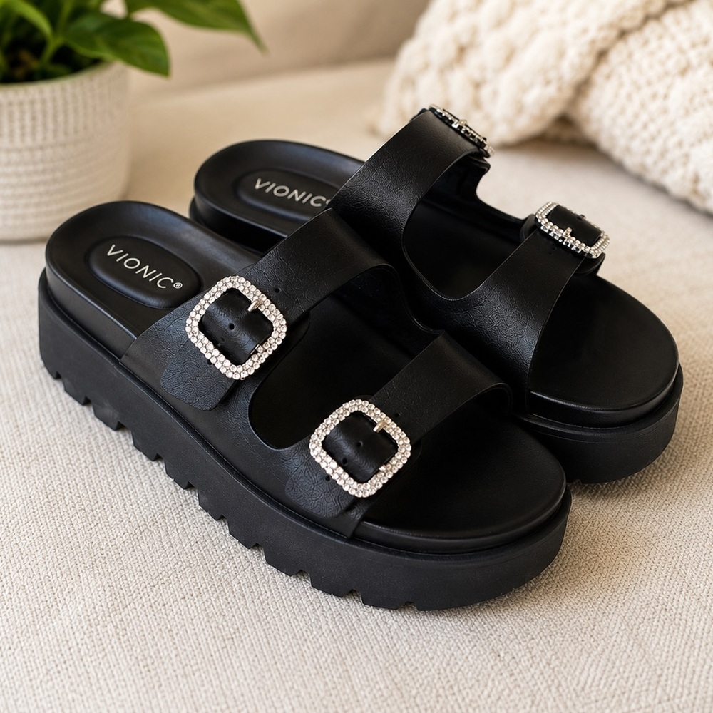 Vionic Capitola Double Buckle Platform Slide Sandals Black Crystal Size 8.5 NWOT